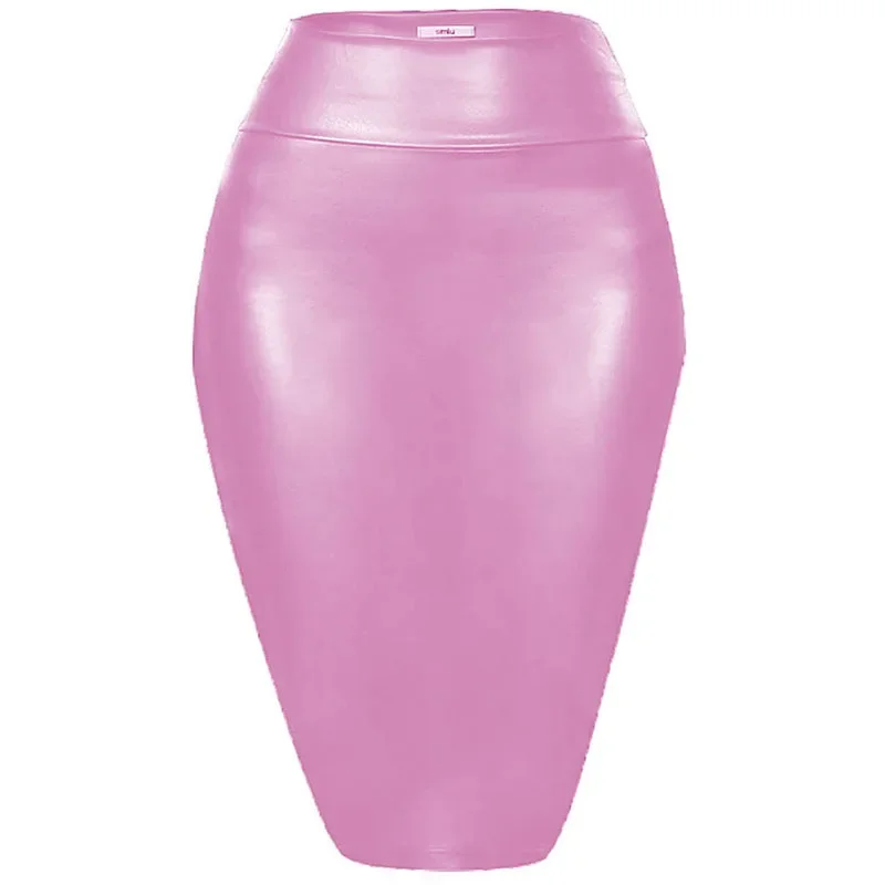 Women's Shiny Metallic Pencil Midi Skirt, Stretchy Coated Spandex, Office Ladies, Gothic Sheath, High Street, Elegant