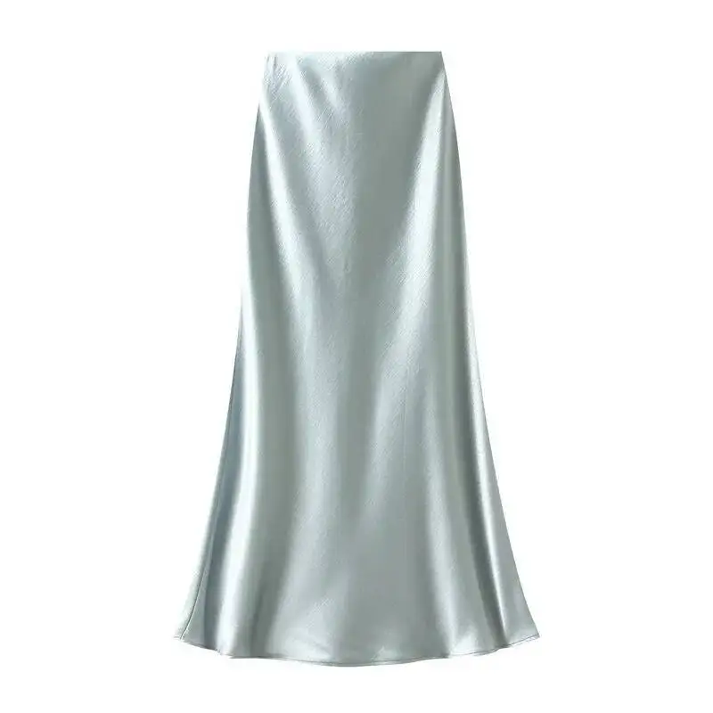 Women Summer Satin Long Skirt 2025 Trendy Elegant High Waist Solid Color Luxury Faldas