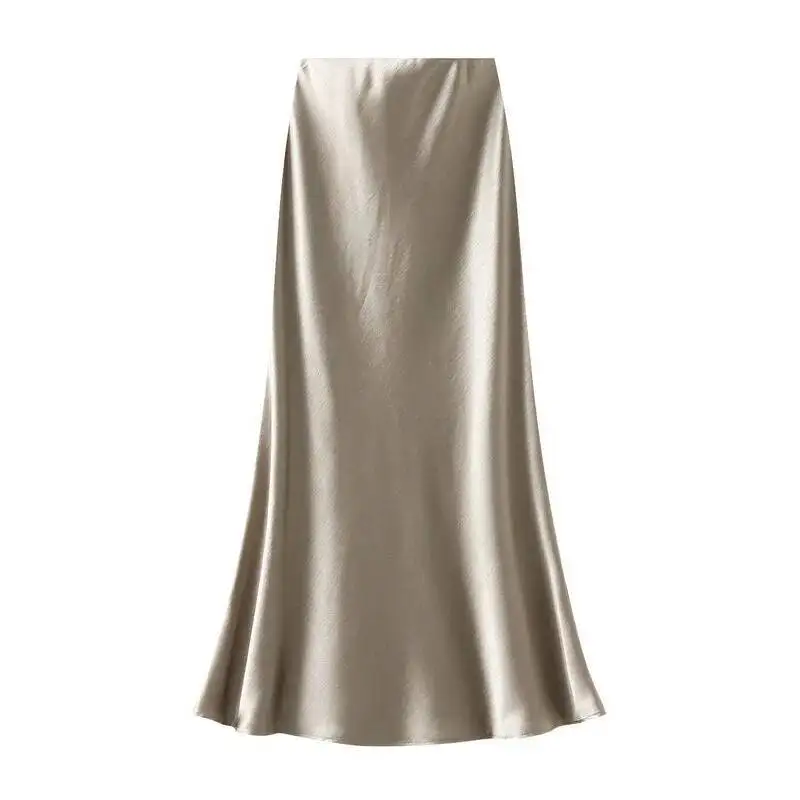 Women Summer Satin Long Skirt 2025 Trendy Elegant High Waist Solid Color Luxury Faldas
