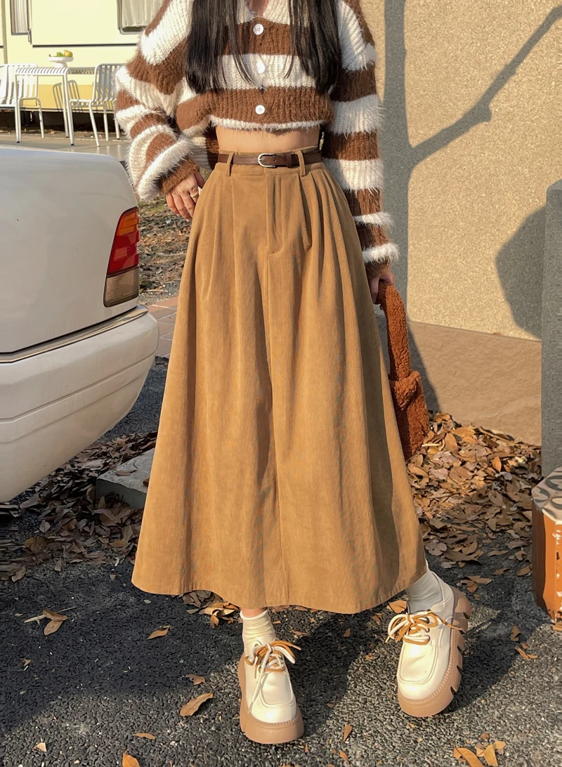 Korean Women's Brown Skirt 2024 Autumn Winter Black High-waisted Corduroy Long Skirt Ladies College Style Pleated A-line Skirts