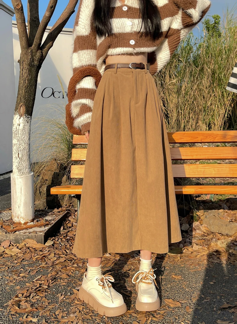 Korean Women's Brown Skirt 2024 Autumn Winter Black High-waisted Corduroy Long Skirt Ladies College Style Pleated A-line Skirts