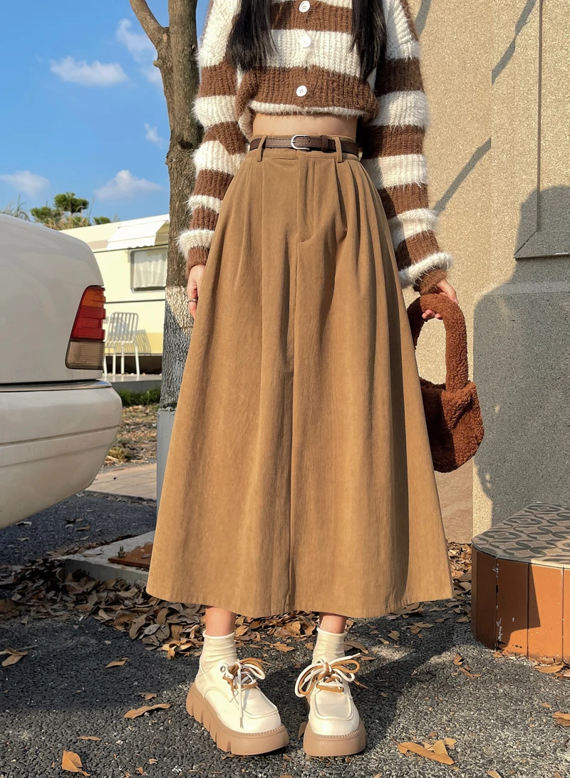 Korean Women's Brown Skirt 2024 Autumn Winter Black High-waisted Corduroy Long Skirt Ladies College Style Pleated A-line Skirts