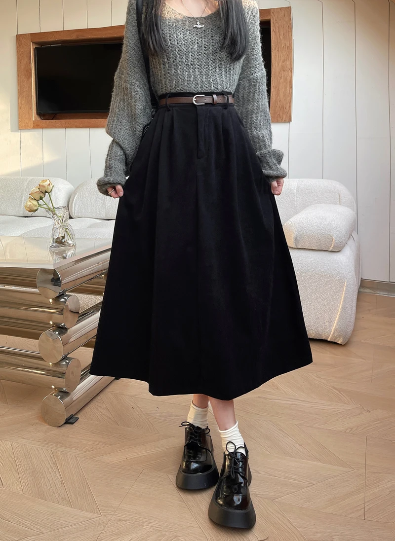 Korean Women's Brown Skirt 2024 Autumn Winter Black High-waisted Corduroy Long Skirt Ladies College Style Pleated A-line Skirts