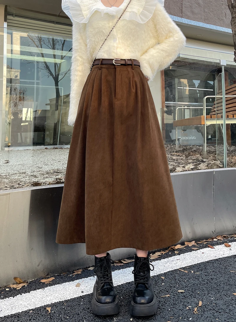Korean Women's Brown Skirt 2024 Autumn Winter Black High-waisted Corduroy Long Skirt Ladies College Style Pleated A-line Skirts