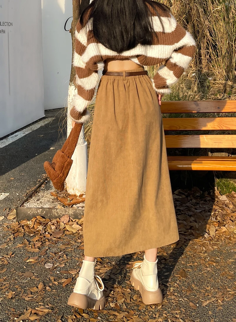 Korean Women's Brown Skirt 2024 Autumn Winter Black High-waisted Corduroy Long Skirt Ladies College Style Pleated A-line Skirts