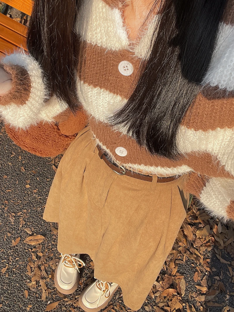 Korean Women's Brown Skirt 2024 Autumn Winter Black High-waisted Corduroy Long Skirt Ladies College Style Pleated A-line Skirts
