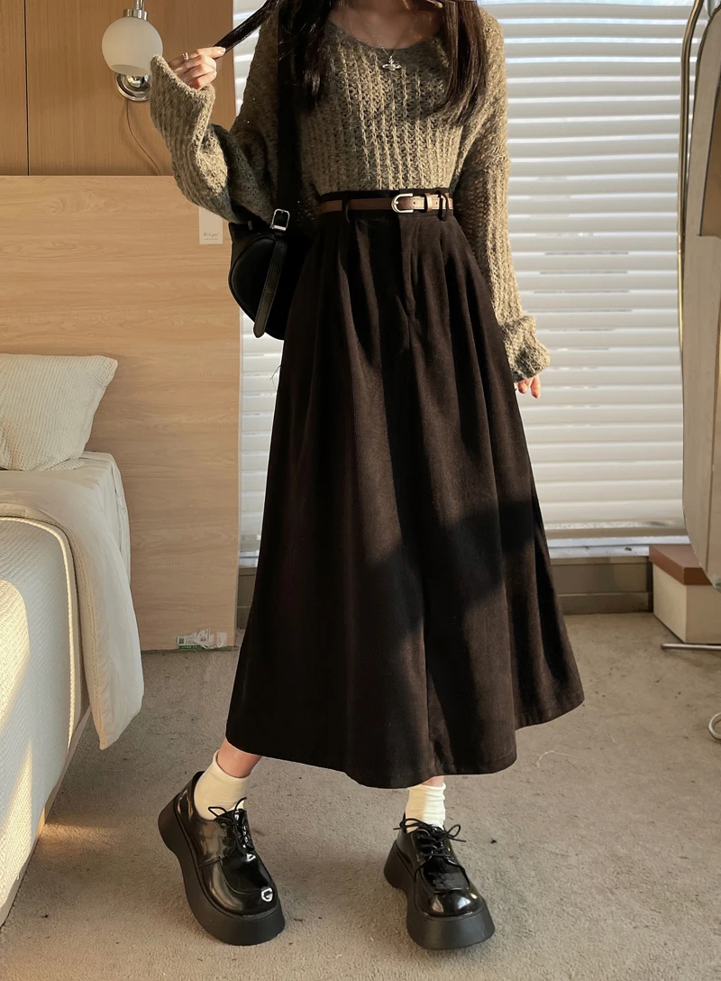 Korean Women's Brown Skirt 2024 Autumn Winter Black High-waisted Corduroy Long Skirt Ladies College Style Pleated A-line Skirts