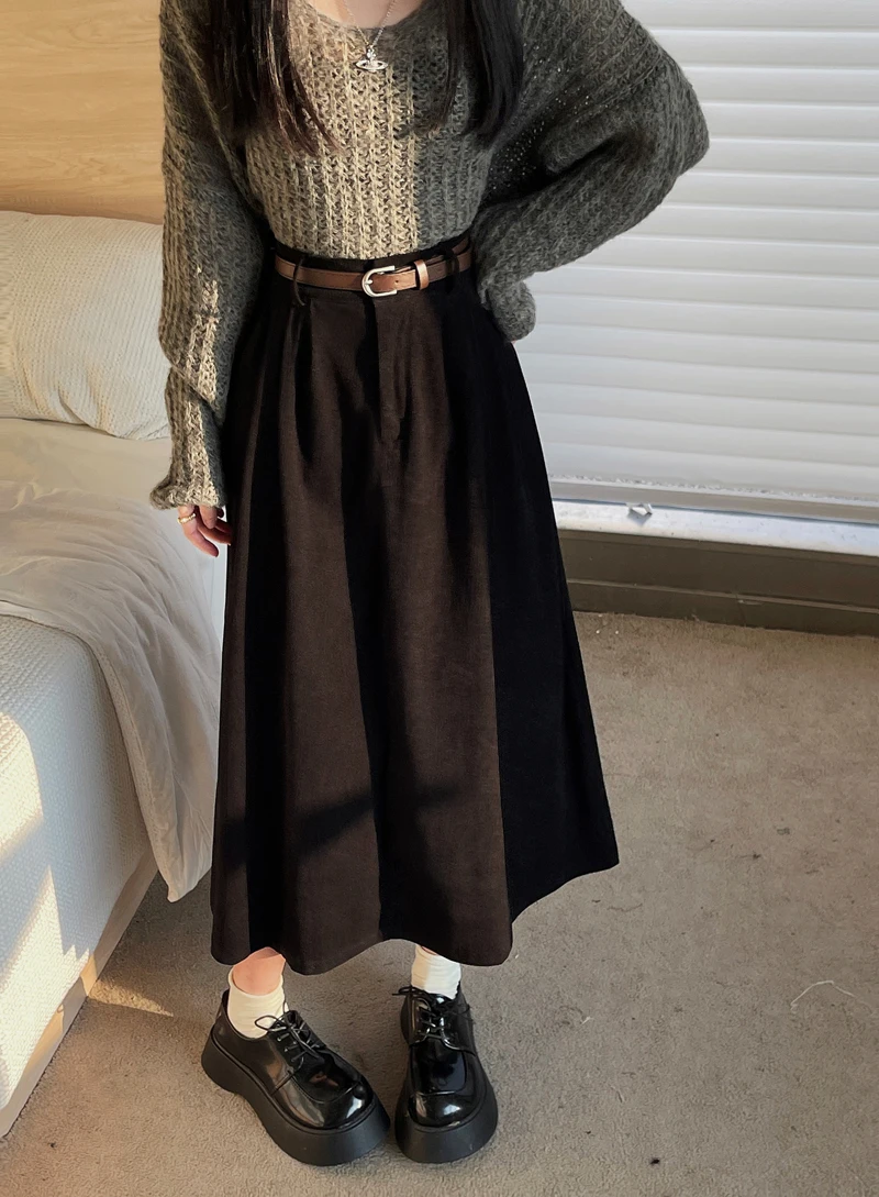 Korean Women's Brown Skirt 2024 Autumn Winter Black High-waisted Corduroy Long Skirt Ladies College Style Pleated A-line Skirts
