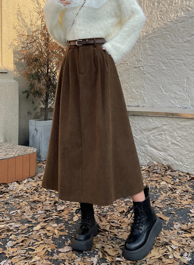 Korean Women's Brown Skirt 2024 Autumn Winter Black High-waisted Corduroy Long Skirt Ladies College Style Pleated A-line Skirts