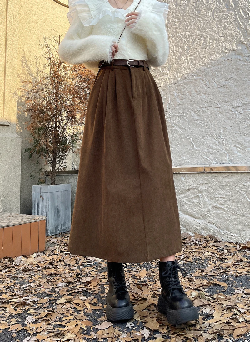 Korean Women's Brown Skirt 2024 Autumn Winter Black High-waisted Corduroy Long Skirt Ladies College Style Pleated A-line Skirts