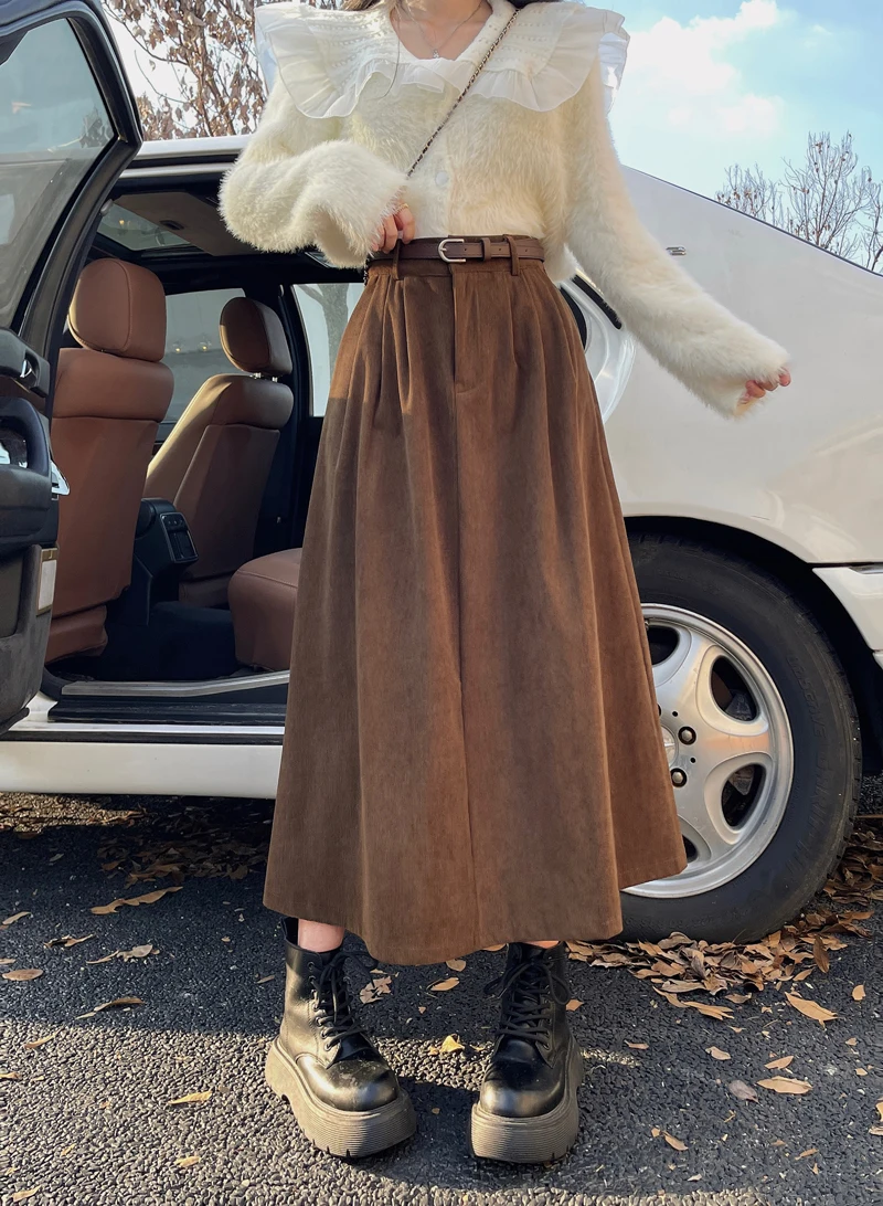 Korean Women's Brown Skirt 2024 Autumn Winter Black High-waisted Corduroy Long Skirt Ladies College Style Pleated A-line Skirts