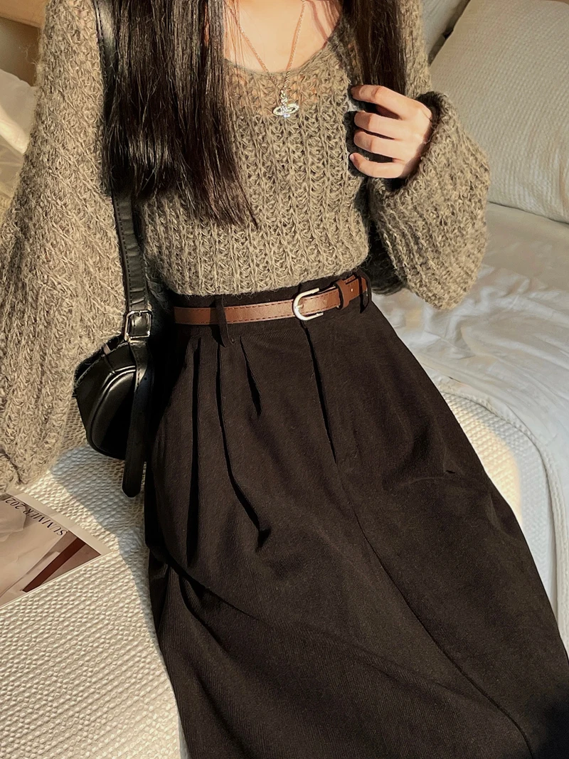 Korean Women's Brown Skirt 2024 Autumn Winter Black High-waisted Corduroy Long Skirt Ladies College Style Pleated A-line Skirts