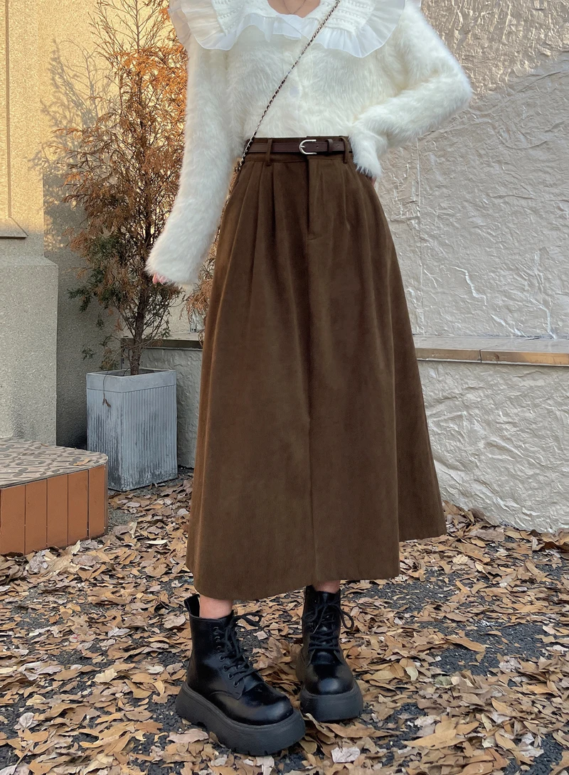 Korean Women's Brown Skirt 2024 Autumn Winter Black High-waisted Corduroy Long Skirt Ladies College Style Pleated A-line Skirts