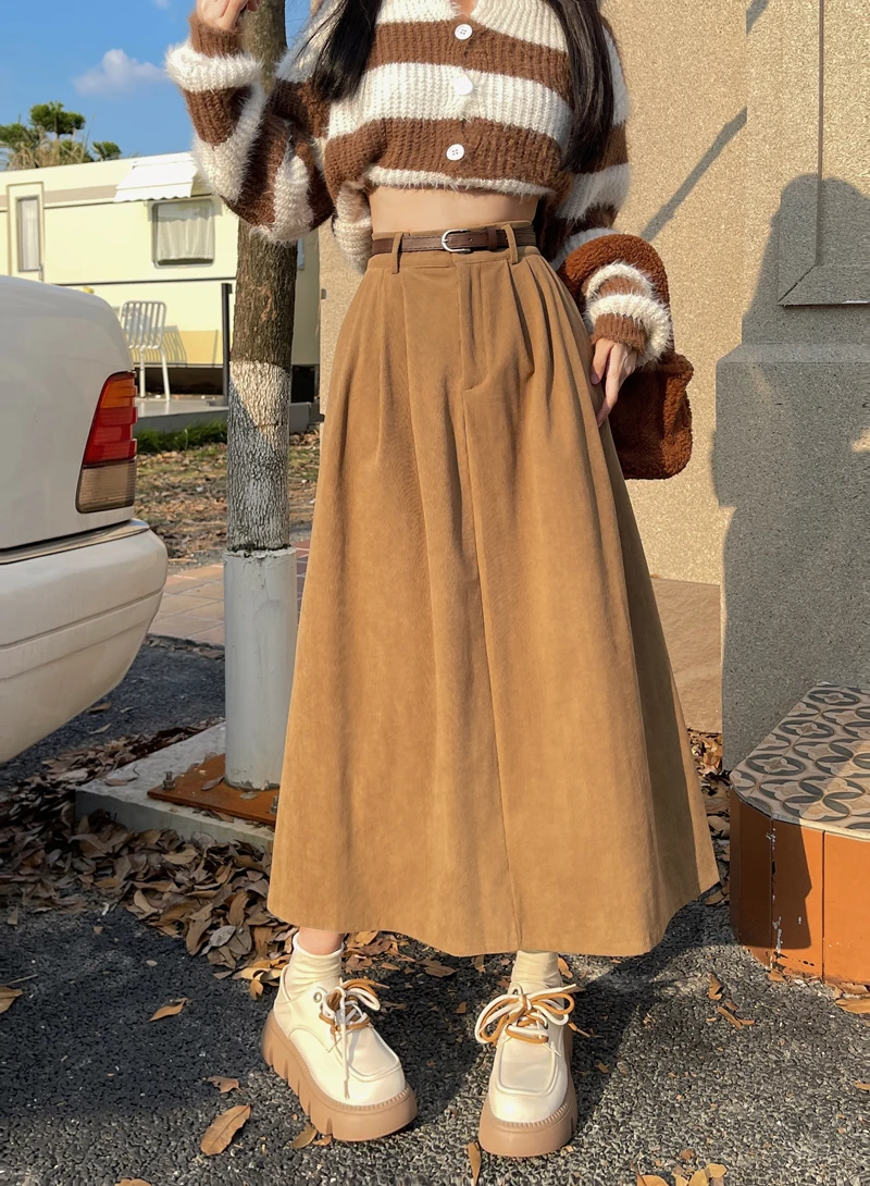 Korean Women's Brown Skirt 2024 Autumn Winter Black High-waisted Corduroy Long Skirt Ladies College Style Pleated A-line Skirts