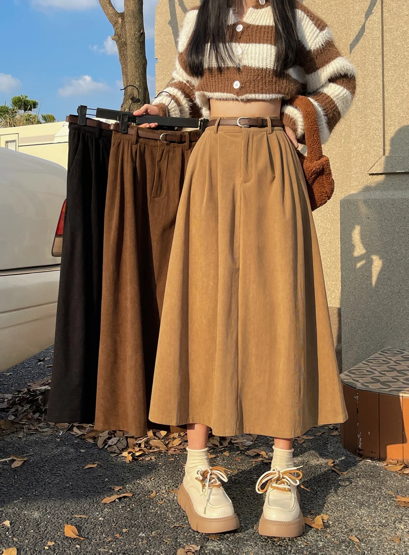 Korean Women's Brown Skirt 2024 Autumn Winter Black High-waisted Corduroy Long Skirt Ladies College Style Pleated A-line Skirts