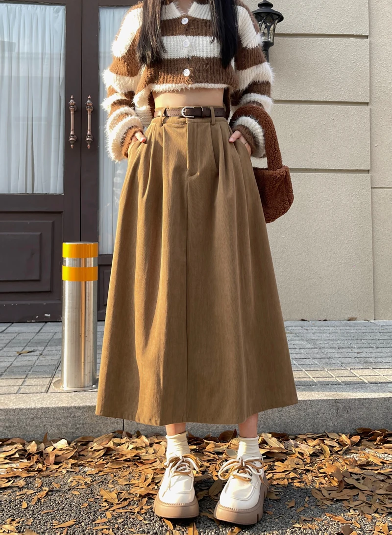 Korean Women's Brown Skirt 2024 Autumn Winter Black High-waisted Corduroy Long Skirt Ladies College Style Pleated A-line Skirts