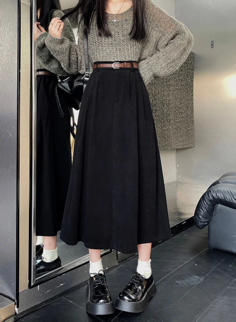Korean Women's Brown Skirt 2024 Autumn Winter Black High-waisted Corduroy Long Skirt Ladies College Style Pleated A-line Skirts