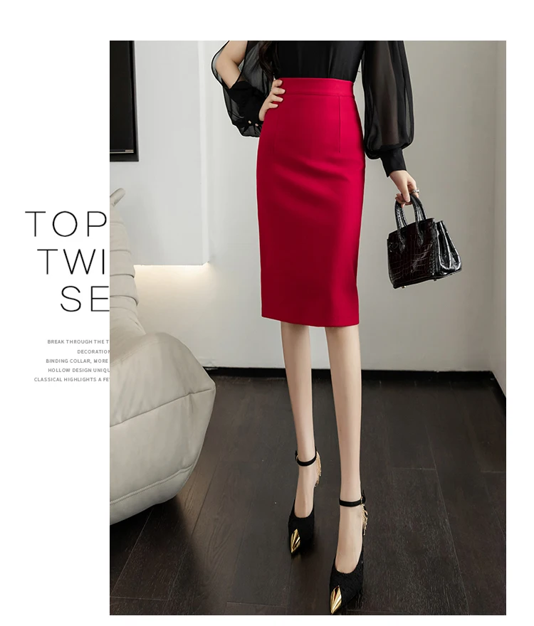 Fahsion Summer Office Black Skirts Women 2024 Elegant High Waist Gray Red Bodycon Skirt Sexy High Waist Midi Mujer Faldas S-2XL