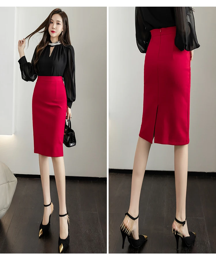 Fahsion Summer Office Black Skirts Women 2024 Elegant High Waist Gray Red Bodycon Skirt Sexy High Waist Midi Mujer Faldas S-2XL