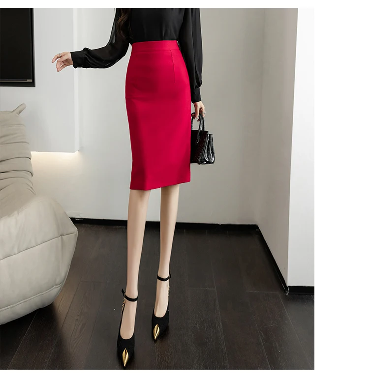 Fahsion Summer Office Black Skirts Women 2024 Elegant High Waist Gray Red Bodycon Skirt Sexy High Waist Midi Mujer Faldas S-2XL