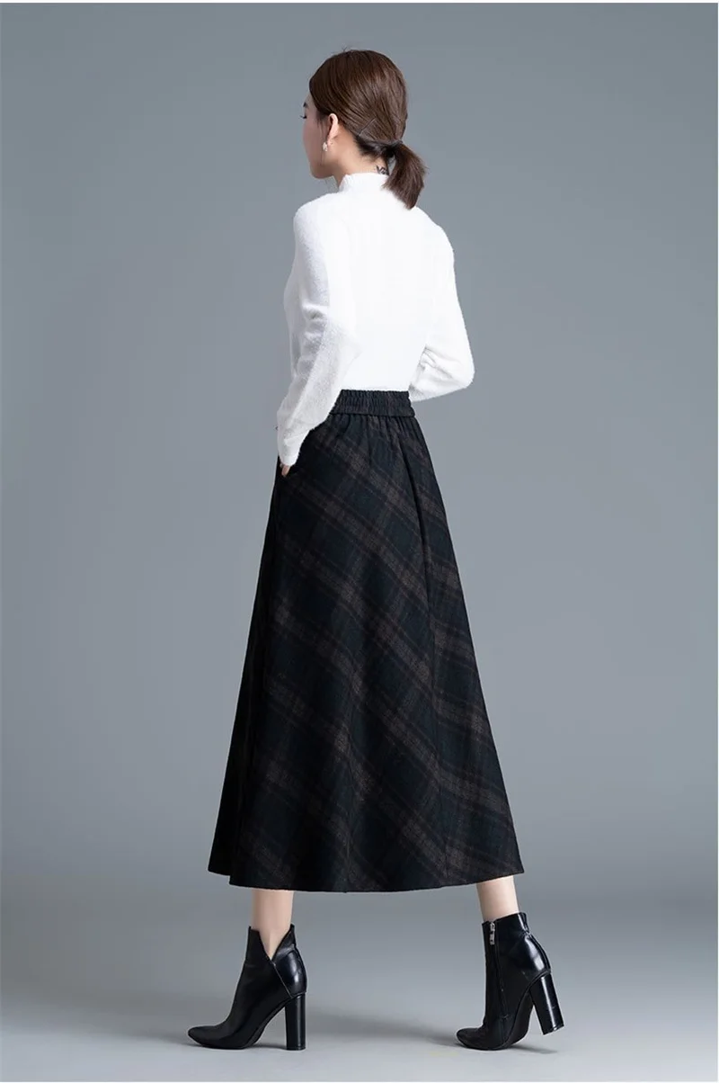 Autumn Winter Long Woolen Skirts Women Vintage Maxi Skirts High Waist Warm Elegant Office Lady Elastic A-Line Plaid Skirt W1788