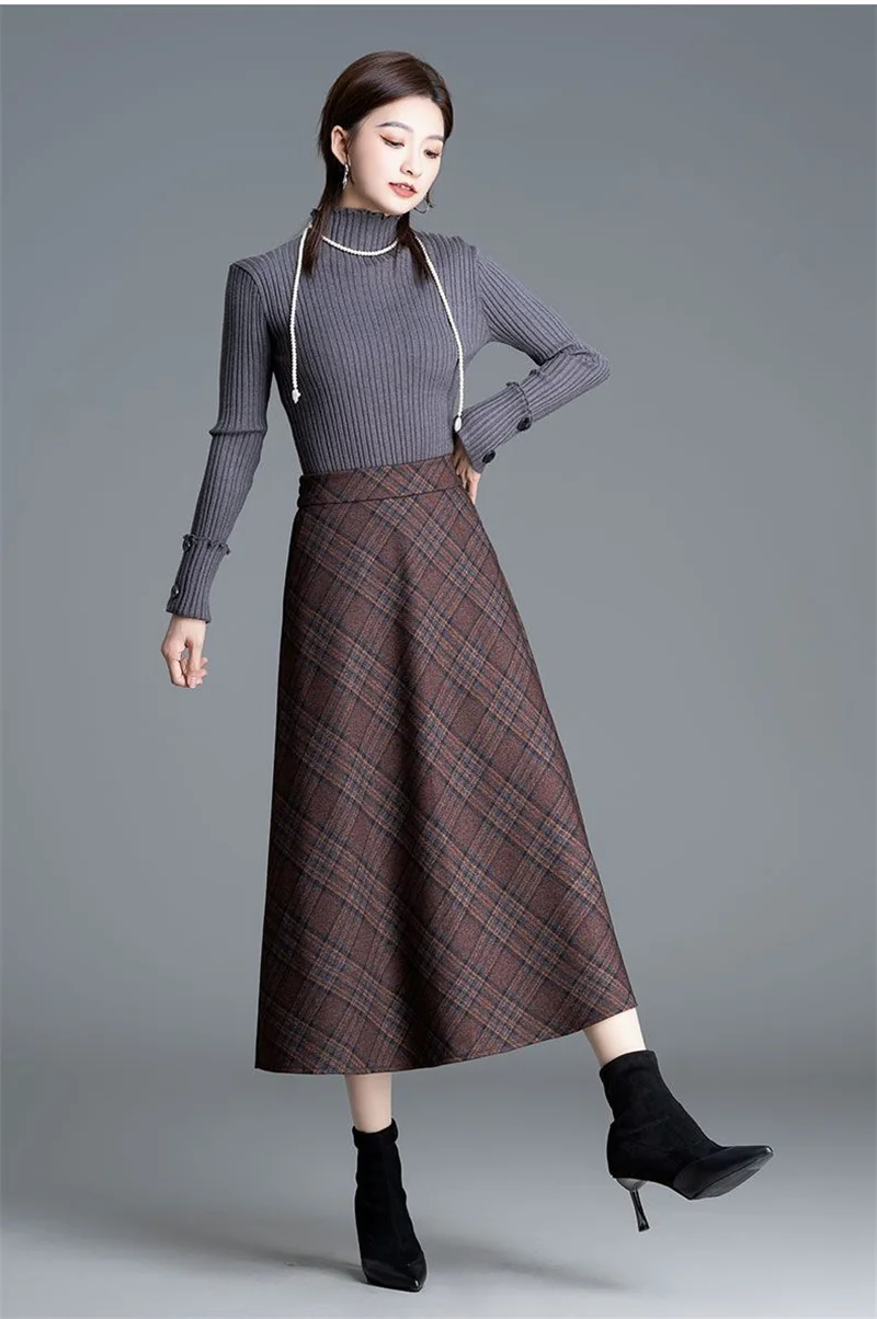 Autumn Winter Long Woolen Skirts Women Vintage Maxi Skirts High Waist Warm Elegant Office Lady Elastic A-Line Plaid Skirt W1788