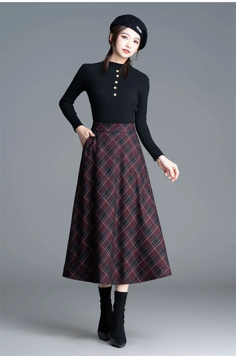 Autumn Winter Long Woolen Skirts Women Vintage Maxi Skirts High Waist Warm Elegant Office Lady Elastic A-Line Plaid Skirt W1788