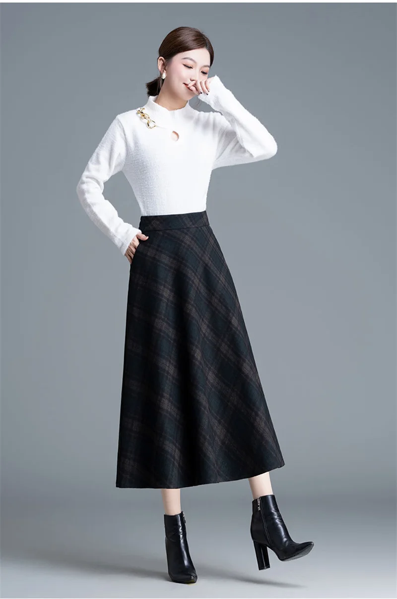 Autumn Winter Long Woolen Skirts Women Vintage Maxi Skirts High Waist Warm Elegant Office Lady Elastic A-Line Plaid Skirt W1788