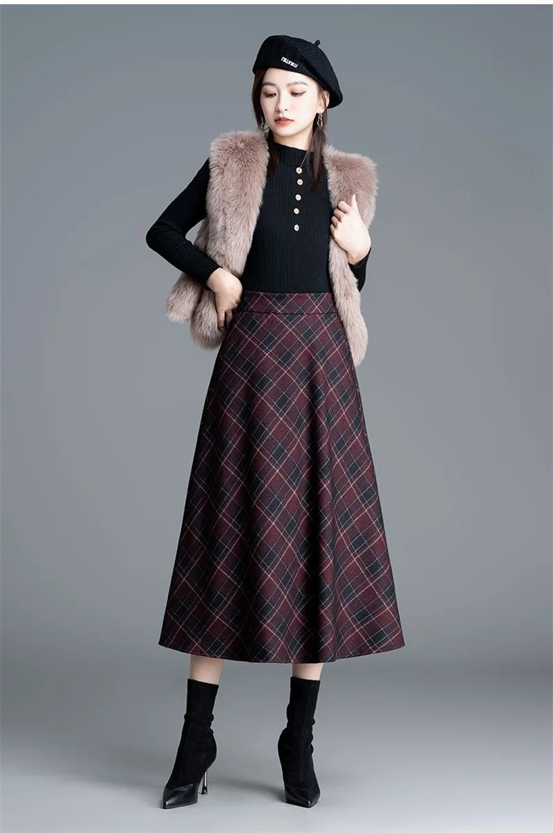 Autumn Winter Long Woolen Skirts Women Vintage Maxi Skirts High Waist Warm Elegant Office Lady Elastic A-Line Plaid Skirt W1788