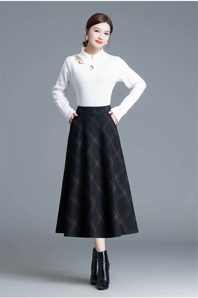 Autumn Winter Long Woolen Skirts Women Vintage Maxi Skirts High Waist Warm Elegant Office Lady Elastic A-Line Plaid Skirt W1788