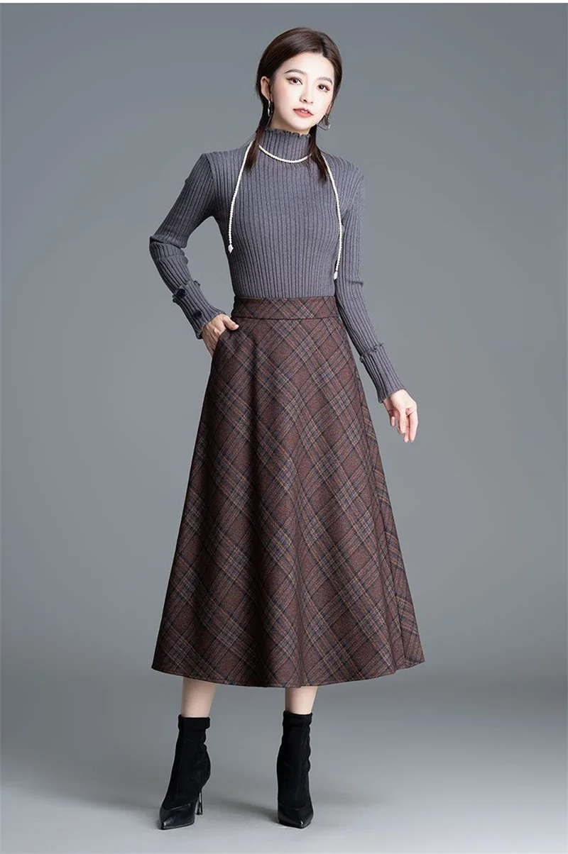 Autumn Winter Long Woolen Skirts Women Vintage Maxi Skirts High Waist Warm Elegant Office Lady Elastic A-Line Plaid Skirt W1788