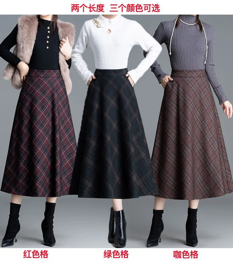 Autumn Winter Long Woolen Skirts Women Vintage Maxi Skirts High Waist Warm Elegant Office Lady Elastic A-Line Plaid Skirt W1788