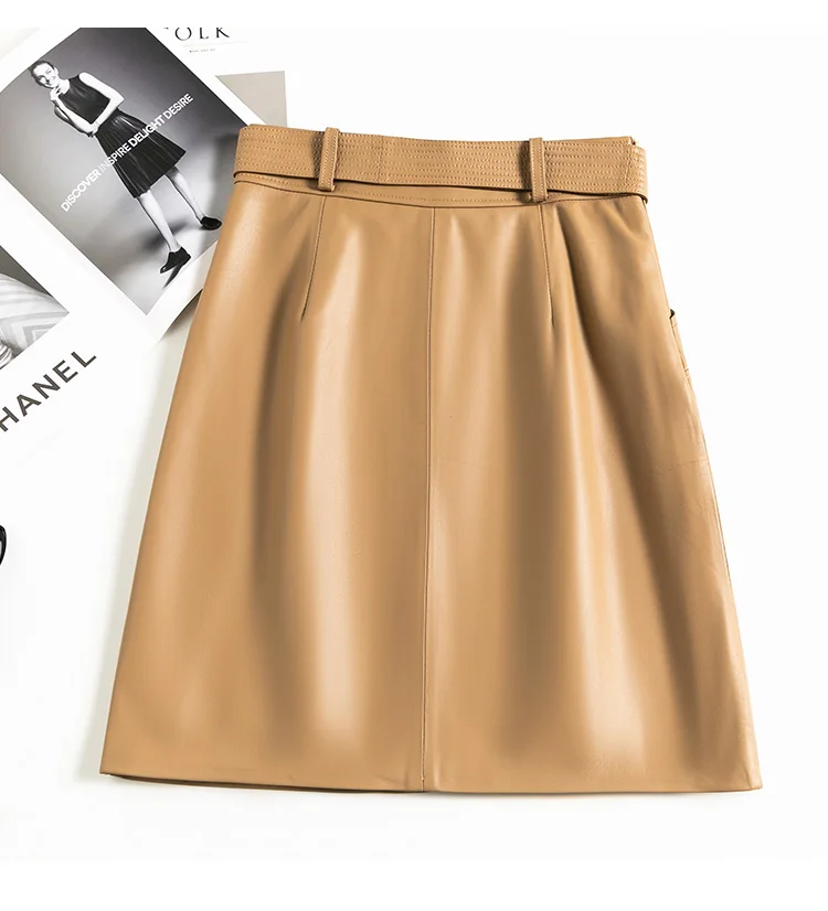 Clothes For Women 2025 Genuine Leather Skirt Female A-line Pockets Wrap Jupe Mujer Midi Long Belt Dark Green Saias Femininas