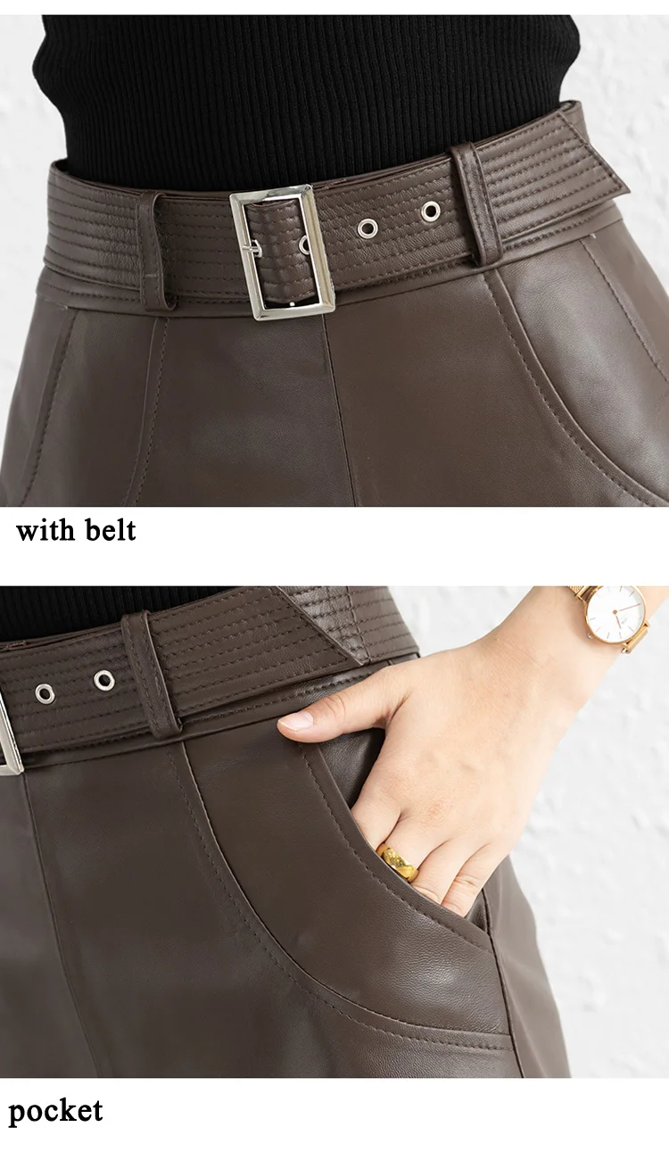 Clothes For Women 2025 Genuine Leather Skirt Female A-line Pockets Wrap Jupe Mujer Midi Long Belt Dark Green Saias Femininas