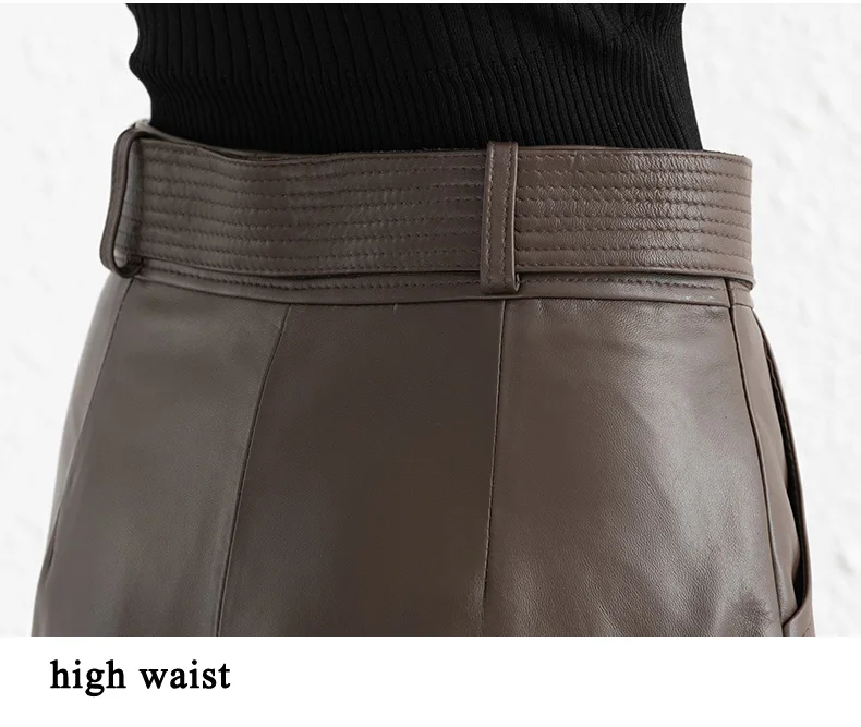 Clothes For Women 2025 Genuine Leather Skirt Female A-line Pockets Wrap Jupe Mujer Midi Long Belt Dark Green Saias Femininas