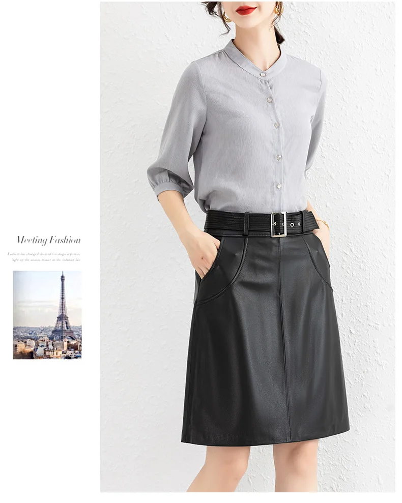 Clothes For Women 2025 Genuine Leather Skirt Female A-line Pockets Wrap Jupe Mujer Midi Long Belt Dark Green Saias Femininas
