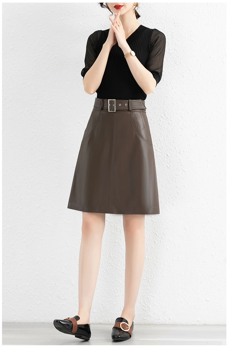 Clothes For Women 2025 Genuine Leather Skirt Female A-line Pockets Wrap Jupe Mujer Midi Long Belt Dark Green Saias Femininas