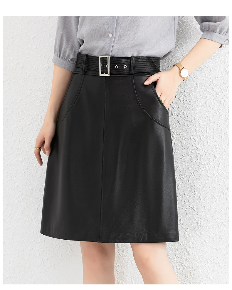 Clothes For Women 2025 Genuine Leather Skirt Female A-line Pockets Wrap Jupe Mujer Midi Long Belt Dark Green Saias Femininas