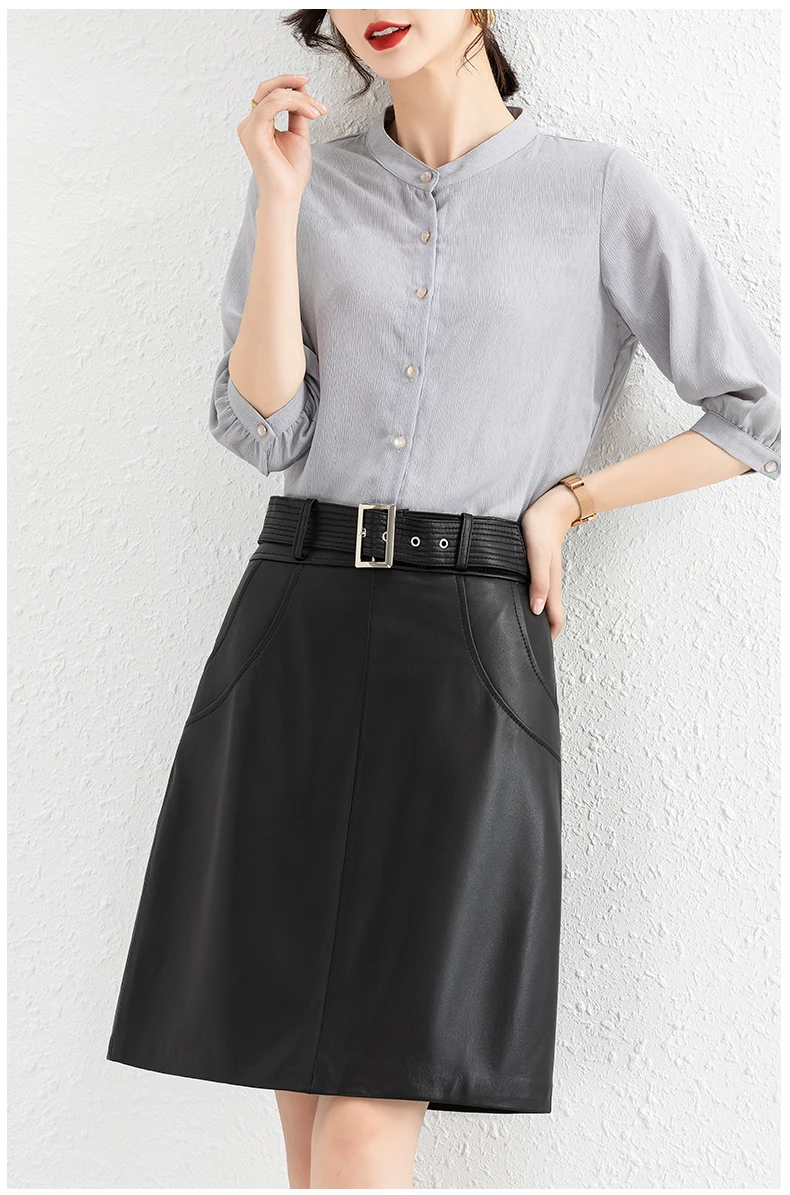 Clothes For Women 2025 Genuine Leather Skirt Female A-line Pockets Wrap Jupe Mujer Midi Long Belt Dark Green Saias Femininas