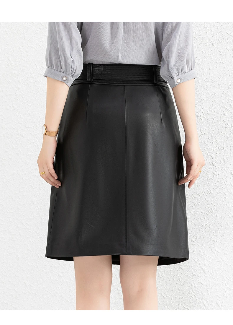 Clothes For Women 2025 Genuine Leather Skirt Female A-line Pockets Wrap Jupe Mujer Midi Long Belt Dark Green Saias Femininas