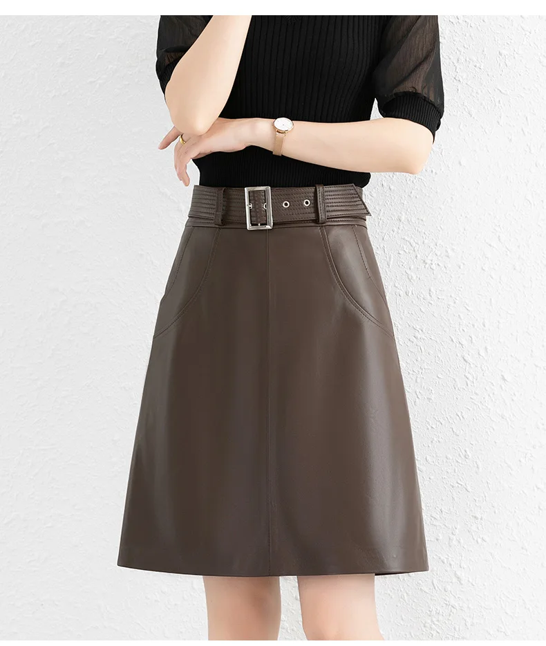 Clothes For Women 2025 Genuine Leather Skirt Female A-line Pockets Wrap Jupe Mujer Midi Long Belt Dark Green Saias Femininas