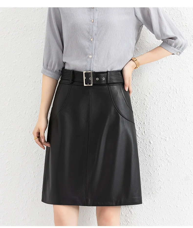 Clothes For Women 2025 Genuine Leather Skirt Female A-line Pockets Wrap Jupe Mujer Midi Long Belt Dark Green Saias Femininas