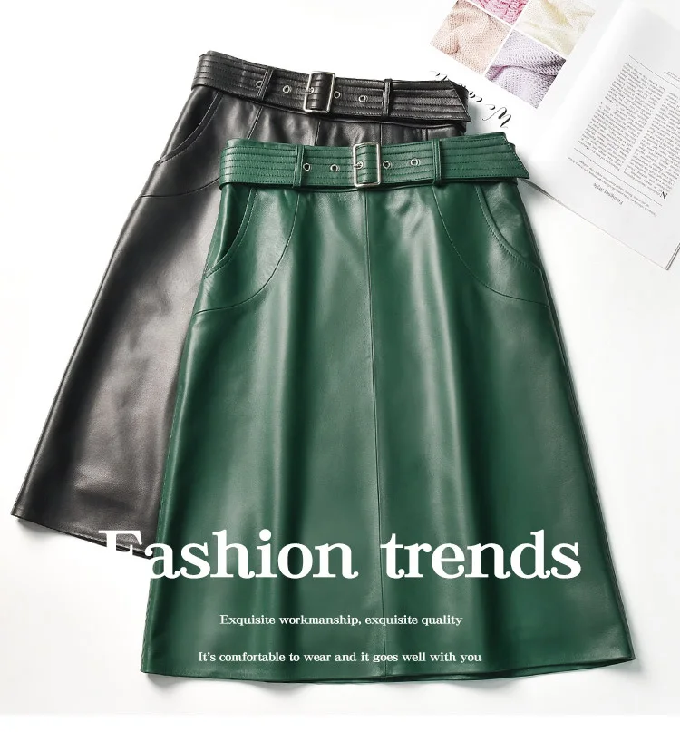 Clothes For Women 2025 Genuine Leather Skirt Female A-line Pockets Wrap Jupe Mujer Midi Long Belt Dark Green Saias Femininas