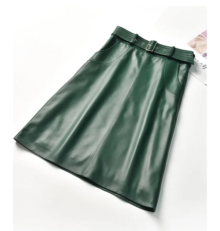 Clothes For Women 2025 Genuine Leather Skirt Female A-line Pockets Wrap Jupe Mujer Midi Long Belt Dark Green Saias Femininas