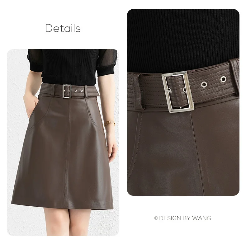 Clothes For Women 2025 Genuine Leather Skirt Female A-line Pockets Wrap Jupe Mujer Midi Long Belt Dark Green Saias Femininas