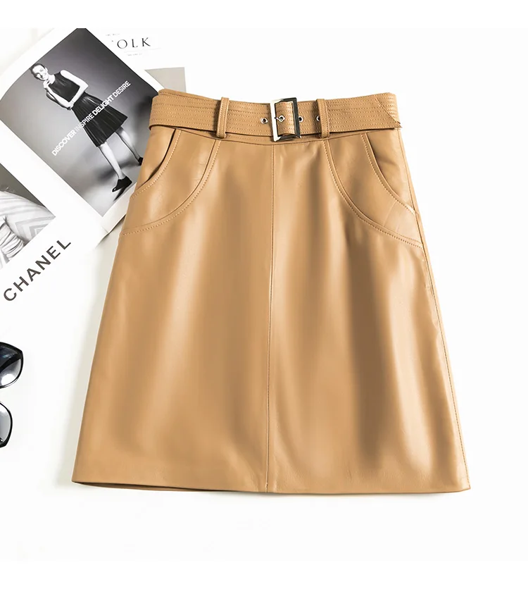 Clothes For Women 2025 Genuine Leather Skirt Female A-line Pockets Wrap Jupe Mujer Midi Long Belt Dark Green Saias Femininas