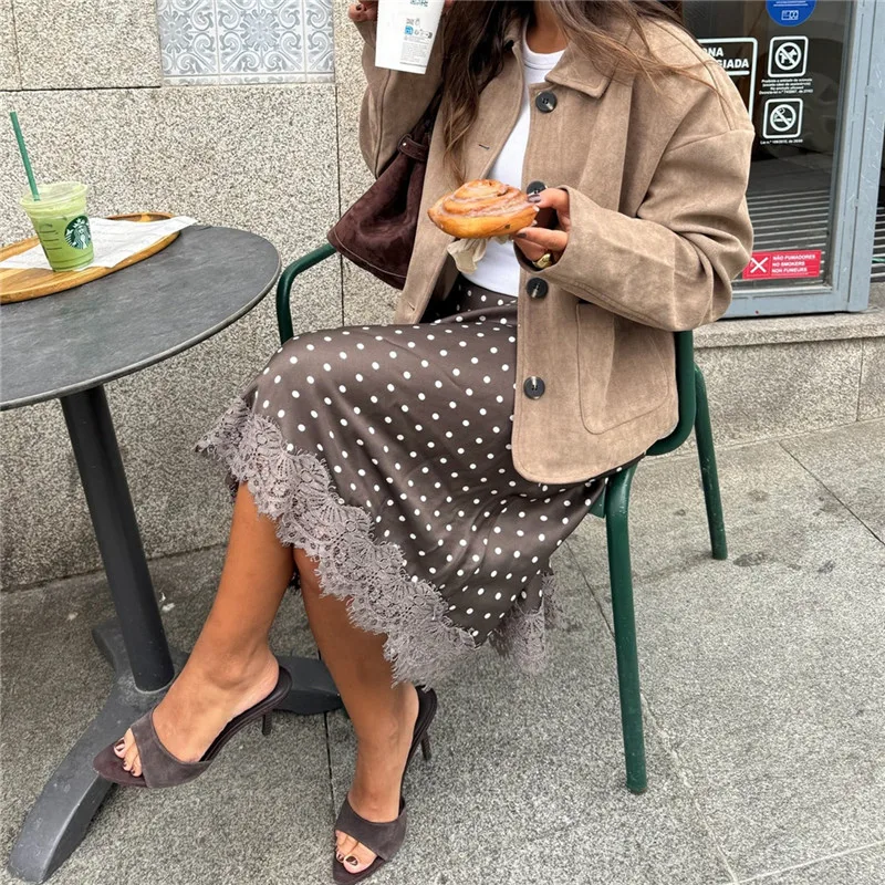 Women Polka Dot Satin Silk Midi Skirt Retro High Waist Lace Trim Long Skirts A Line Vintage Y2k Going Out Streetwear