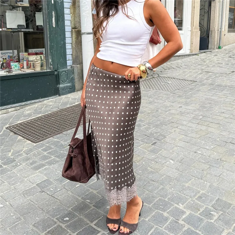 Women Polka Dot Satin Silk Midi Skirt Retro High Waist Lace Trim Long Skirts A Line Vintage Y2k Going Out Streetwear