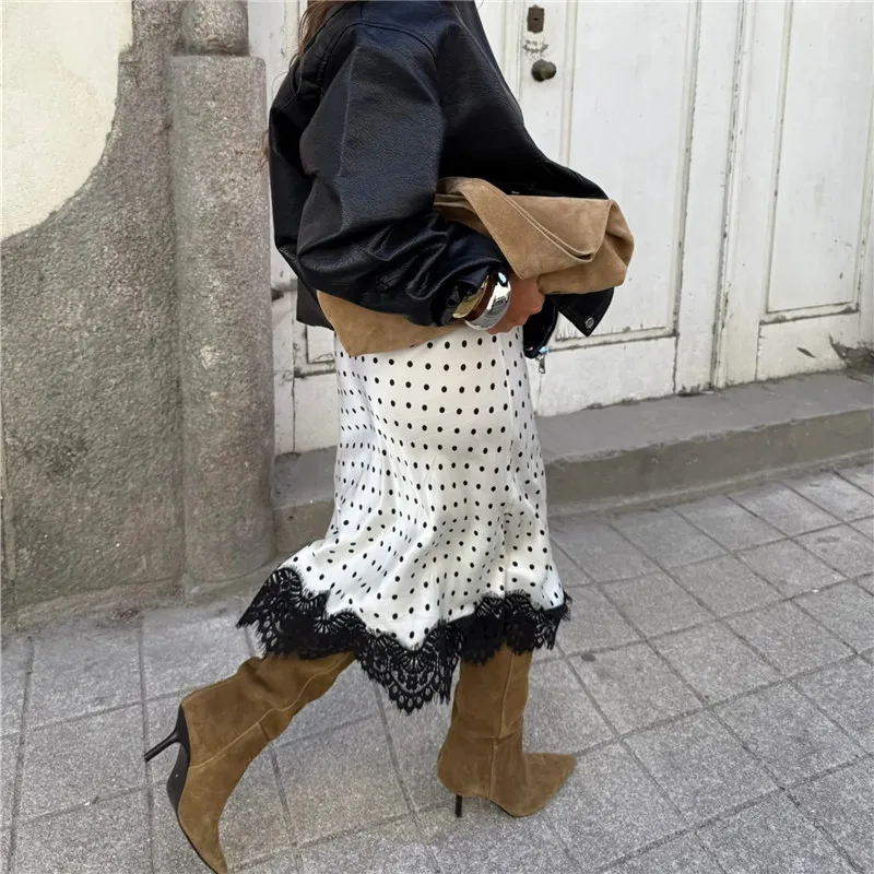 Women Polka Dot Satin Silk Midi Skirt Retro High Waist Lace Trim Long Skirts A Line Vintage Y2k Going Out Streetwear