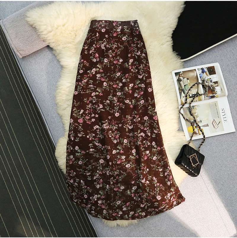 New Women Slim Elegant Skirts Vintage Floral Print A-line Mermaid Long Skirts Summer Streetwear High Waist Chiffon Holiday Skirt